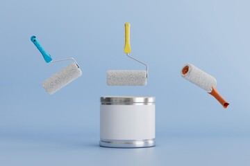 the concept of painting the walls. a can of paint and paint rollers on a blue background. 3D render