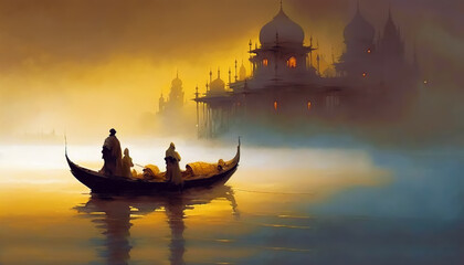 illustration monks sailing on a boat in the fog on the background of the temple