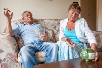 Retirement: Rich and Poor. A senior couple in contrasting financial situations. From a series of...