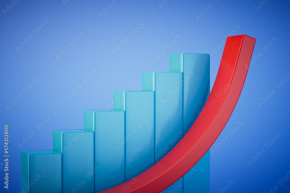 Poster graph of revenue growth. a graph with a red arrow going up on a blue background. 3d render