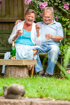 Retirement: Cheeky Dog. A candid moment of delight from a senior couple being surprised by their pet in the garden. From a series of related images.