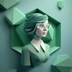 teacher with a soothing green wall behind her, radiating patience and wisdom digital character avatar AI generation.