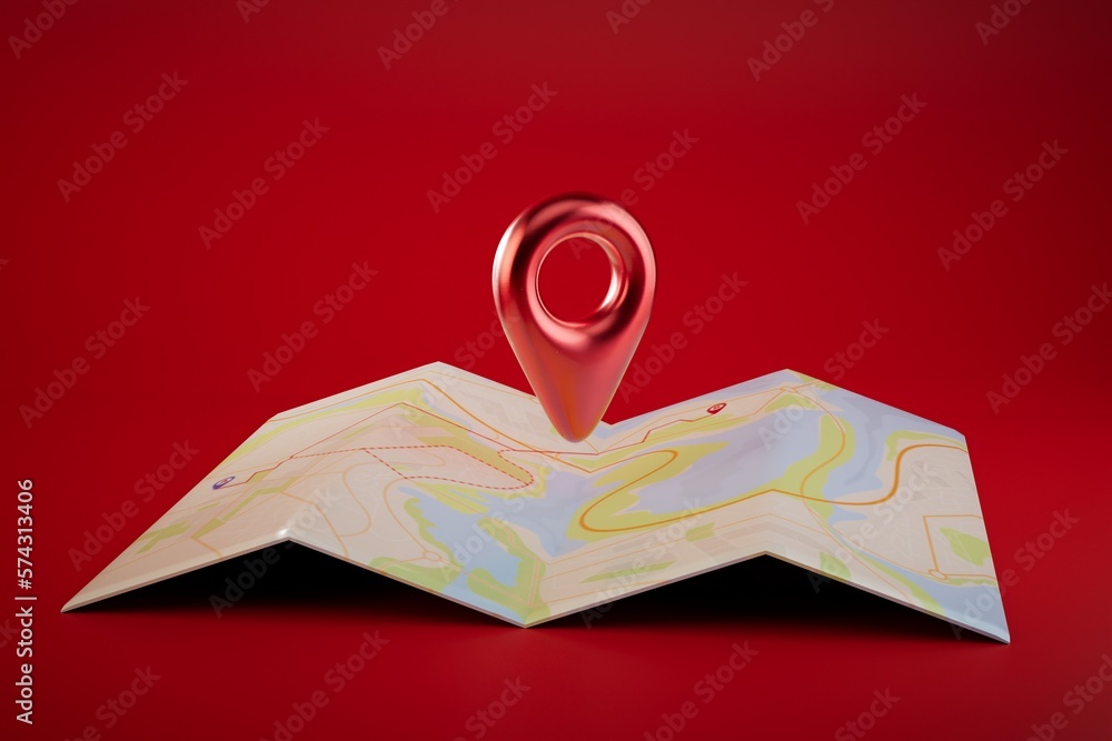 Poster designation of the location on the map. map with a red gps point on a red background. 3d render