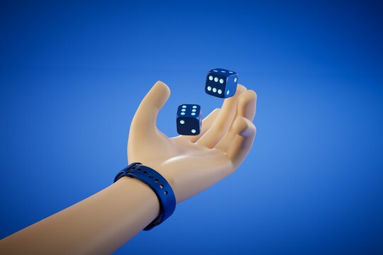 the concept of playing dice. a hand tossing dice on a blue background. 3D render