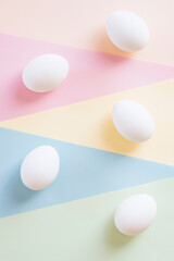 White chicken eggs on multi color background