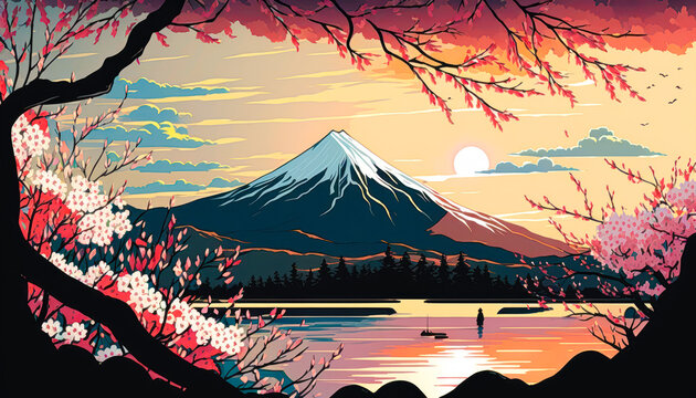 Vector illustration of Mount Fuji against red sun Symbol of Japan   Japanese art Mount fuji Japanese illustration