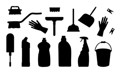 Black silhouette detergent bottles and household chore for spring cleaning and washing service.