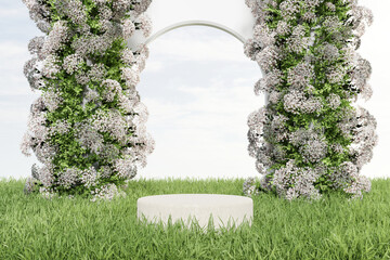 Fototapeta premium Abstact 3d render spring scene and Natural podium background, White podium on the grass field, backdrop flower pillar and white arch for product display advertising, cosmetic, etc