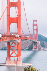 Beautiful view of the Golden Gate Bridge in the city of San Francisco, California, USA, close-up, pastel colors. Concept, travel, world attractions