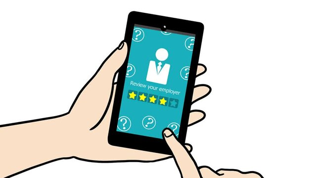 Giving 4 stars rating  an employer review on a mobile phone screen.