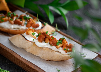 Bruschetta with chanterelles and Philadelphia cream cheese on a wooden board. Mushroom sandwich decorated with greens, close up