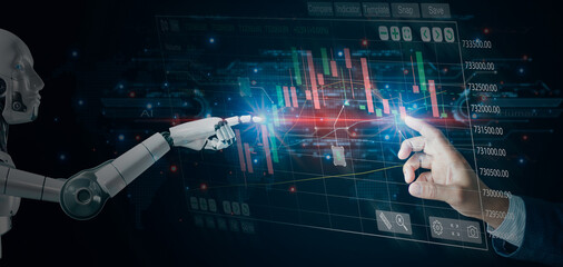 Hands of robots and humans touching on big data network connection,  graph data growth on a business network, and investment risk analysis for return of success, strategy, and planning investment.