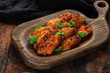 Pieces of fried chicken meat in teriyaki sauce.with parsley and crackers on a wooden board. Spicy chicken wings in Asian style