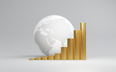 Isolate currency on golden coin stacking include dollar euro pound sterling yen and yuan with world on white background for currency exchange concept ,Element of this image from NASA and 3d render.