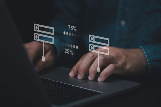 Businessman Hand Using Laptop Computer With Data Host Server Storage Icon For Information Exchange And Transfer Concept.