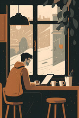 Illustration of a person working from a cafe remotely