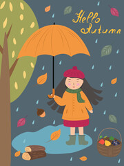 Autumn poster with a cute girl in the woods. Rainy autumn. Cartoon style.
