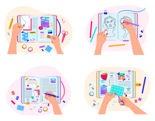 Collection of hands holding pen, scissors and pencils, filling diary or  planners, drawing in sketchbook, taking notes in notebook, decorating with stick notes, photos, envelope and scotch.