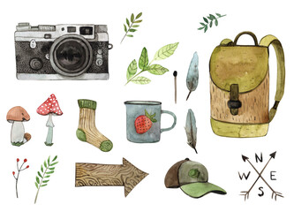 a set for travel and recreation with mountains , a tent with a backpack,a car ,a teapot with mugs,a watercolor illustration highlighted on a white background