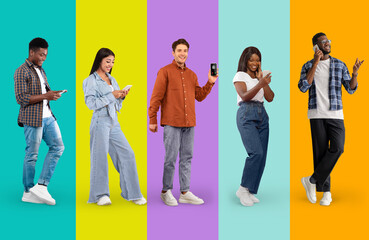 Obraz premium Mobile Communication. Diverse Young Men And Women Talking Or Messaging On Smartphones