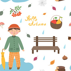 Seamless pattern with the image of a cute boy with umbrellas and other autumn elements