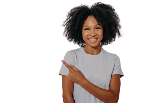 Beautiful black woman cheerful with beaming smile on her face pointing with hand and finger up