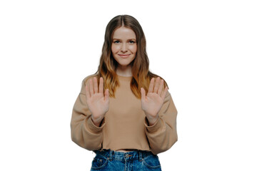 Young smiling brunette woman making no gesture