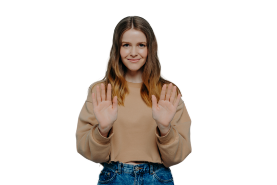 Young smiling brunette woman making no gesture