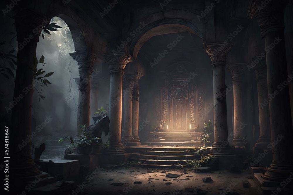 Poster eerie lights and gloomy shadows prevail within an ancient mysterious temple generative ai