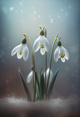 Spring Snowdrop Flowers in Spring Forest on nature Background of Sun and Blurred Bokeh Lights. AI Generated
