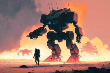 giant mechs clashing in a post-apocalyptic wasteland digital art poster AI generation.