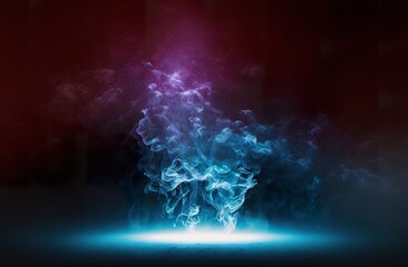 Smoke and studio fog in yellow and blue, ideal as background image for further processing. Fog and light rays - product template