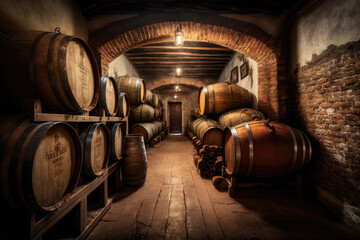 Wine barrels lined up in a traditional wine cellar, Generative AI