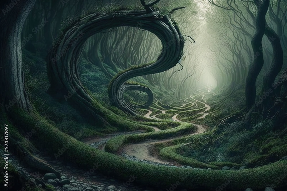 Poster the curving path of the mysterious forest generative ai