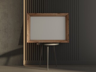 Horizontal wooden Frame Mockup for poster in living room on small table, 3d rendering