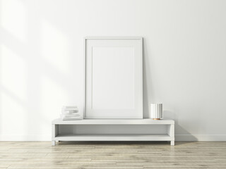 White Poster Frame Mockup with passepartout in empty room, 3d rendering