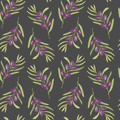 Watercolor seamless pattern with black olives Tree branches on a dark background. Hand drawn illustration. Design for decorating cosmetics, food packaging, menus and textiles