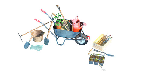 gardening tools and props at sunny day 3d render  view from the top