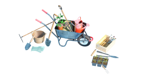 gardening tools and props at sunny day 3d render  view from the top