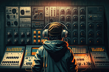 An dj with massive headphones with the backside facing the camera is standing in a music production studio in front of a sound mixing station, lights, buttons & faders, sound system, and a