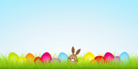 Osterwiese Braunes Hasenei & 14 Ostereier Bunt Himmel