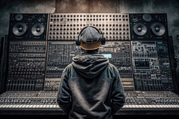 Fototapeta na wymiar An audio producer with massive headphones with the backside facing the camera is standing in a music production studio in front of a sound mixing station, lights, buttons & faders, sound system, and a