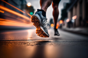 Runner in running shoes in a city on concrete - obrazy, fototapety, plakaty