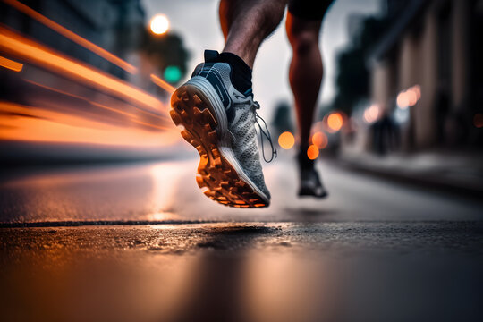 Runner in running shoes in a city on concrete