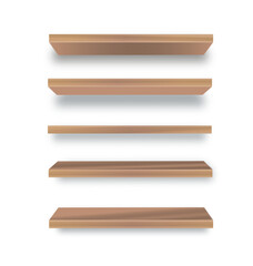 Various empty wooden store shelves set. Grocery rack. Vector