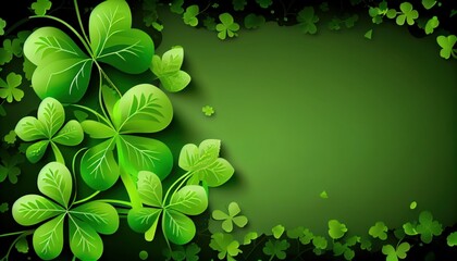 Green and decorative clovers background on St. Patrick's Day, 17 March holiday celebration, generative AI