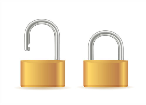 Gold padlocks set. Golden closed and open padlock isolated. Chrome locks template.Vector