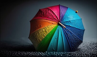  a rainbow colored umbrella sitting on top of a wet ground.  generative ai