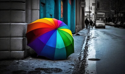 a colorful umbrella sitting on the side of a street next to a building.  generative ai
