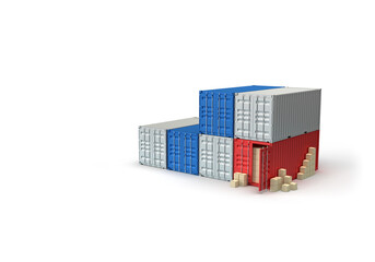 Pattern of shipping containers for cargo transportation and cardboard boxes. 3d render on the topic of cargo transportation, sea transportation, cargo delivery. Transparent background, minimal style.